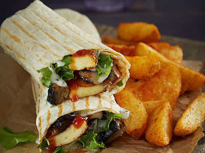 Black Mushroom And Halloumi Wrap With 2 Side Dishes And Soft Drink